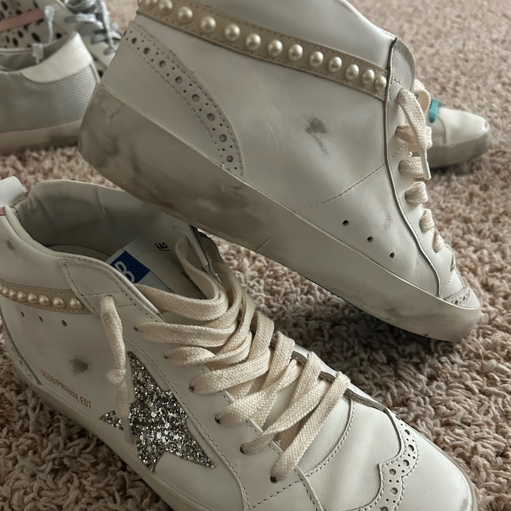 Golden Goose Cream High-Tops with Glitter Star and Pearl Trim size 39
